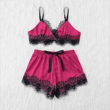 Romwe Lace Trim Triangle Satin Cami & Shorts Pj Set