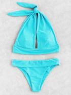 Romwe Foldover Halter Bikini Set With Braided Detail