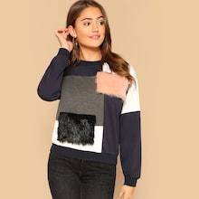 Romwe Cut-and-sew Faux Fur Detail Pullover