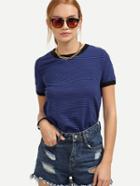 Romwe Navy Striped Contrast Trimmed T-shirt