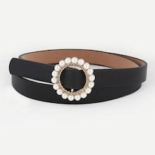Romwe Faux Pearl Decorated Buckle Belt