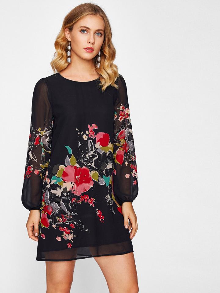 Romwe Lantern Sleeve Floral Print Dress