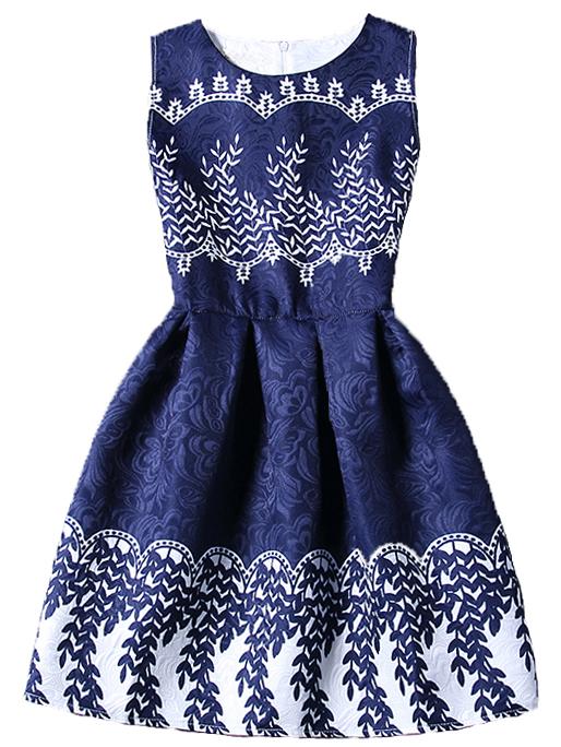 Romwe Leaf Print Fit & Flare Sleeveless Dress - Navy