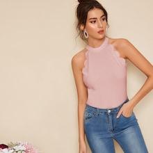 Romwe Scallop Trim Rib-knit Halter Top