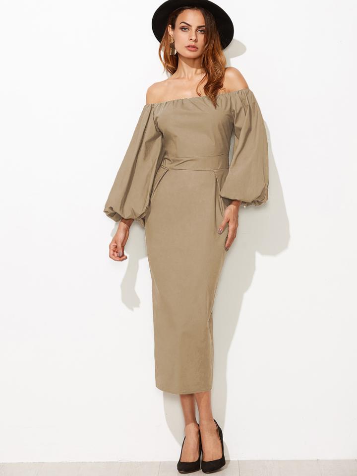 Romwe Khaki Off The Shoulder Lantern Sleeve Pencil Dress