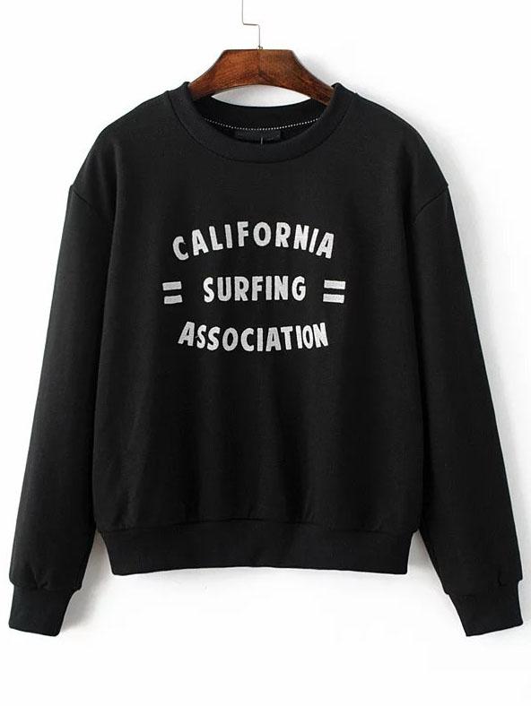 Romwe Black Letter Embroidered Long Sleeve Sweatshirt