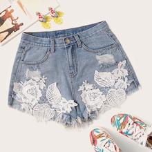 Romwe Embroidered Applique Raw Hem Ripped Denim Shorts