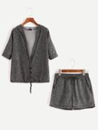 Romwe Grey Drawstring Hem Hooded Top With Pockets Shorts