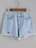 Romwe Blue Heart Embroidered Frayed Denim Shorts