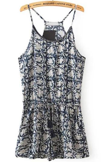 Romwe Blue Spaghetti Strap Floral Drawstring Jumpsuit