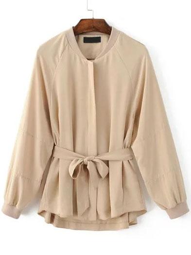 Romwe Apricot Raglan Sleeve Self Tie Embroidery Patch Coat