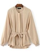 Romwe Apricot Raglan Sleeve Self Tie Embroidery Patch Coat