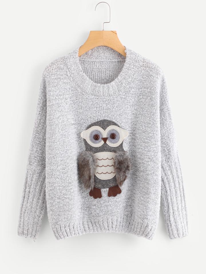 Romwe Owl Applique Faux Fur Detail Sweater