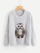 Romwe Owl Applique Faux Fur Detail Sweater