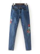 Romwe Embroidered Flower Skinny Jeans