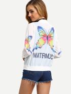 Romwe Zip Front Butterfly Print Jacket - White