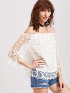 Romwe White Off The Shoulder Botanical Applique Mesh Overlay Top