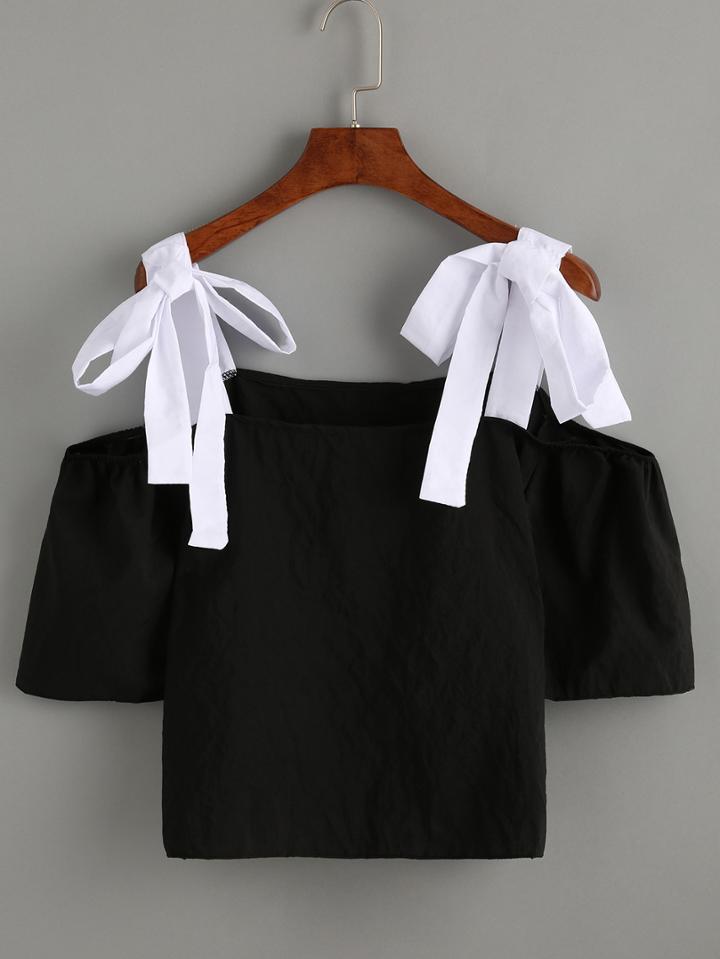 Romwe Black Cold Shoulder Contrast Bow Shirt
