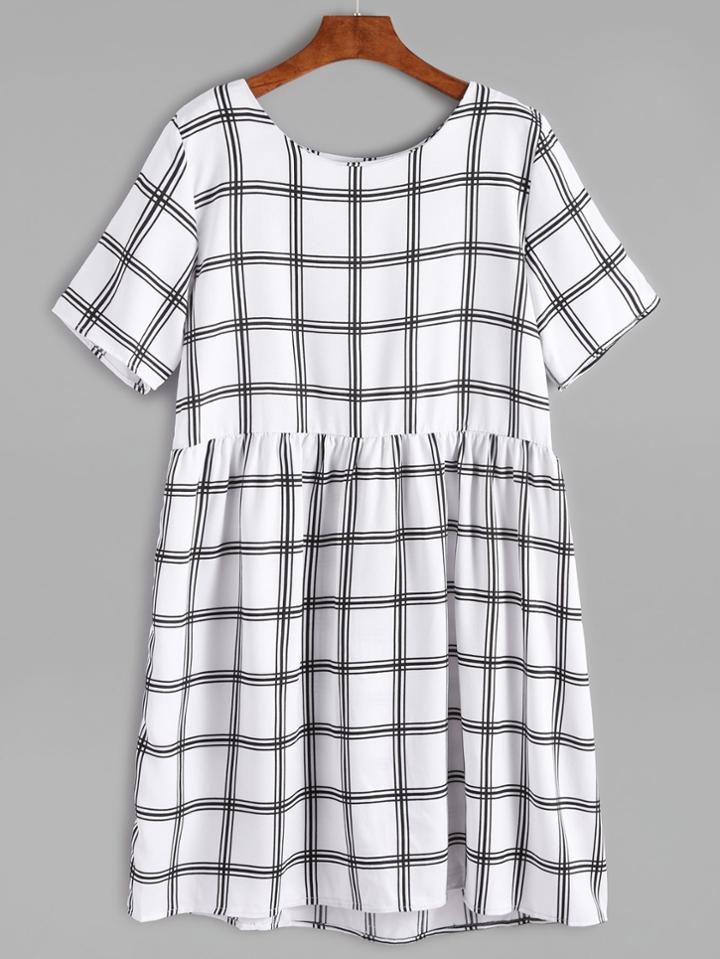 Romwe White Grid High Waist Dress