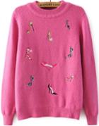 Romwe High-heeled Shoes Embroidered Pink Sweater
