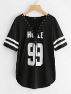 Romwe Eyelet Lace Up Dolphin Hem Varsity T-shirt
