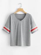 Romwe V Neckline Striped Sleeve Tee