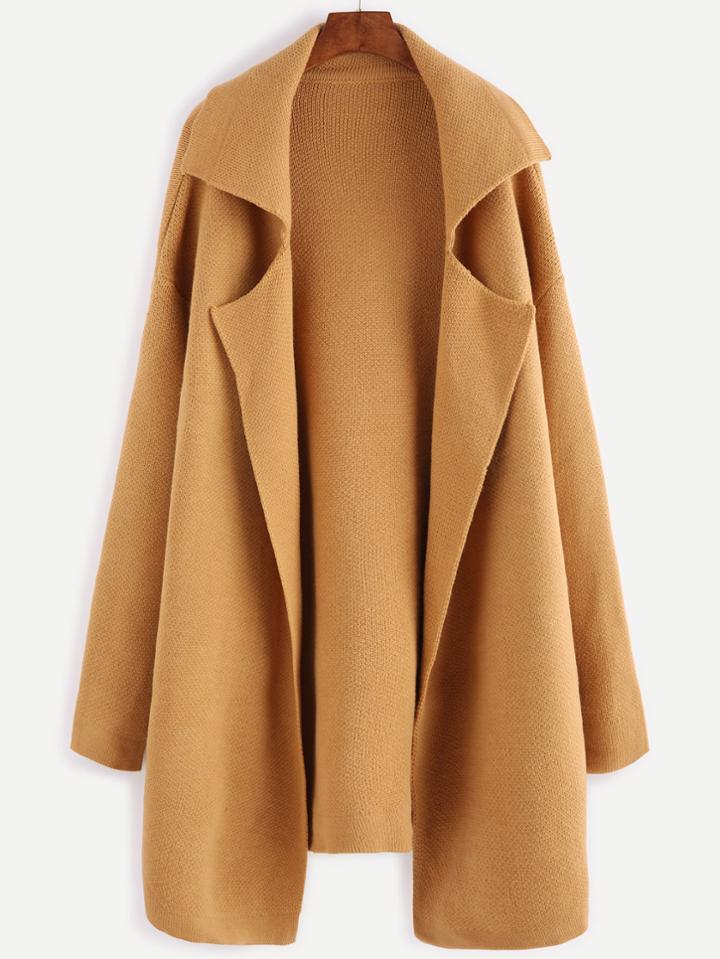 Romwe Mustard Notch Collar Open Front Sweater Coat