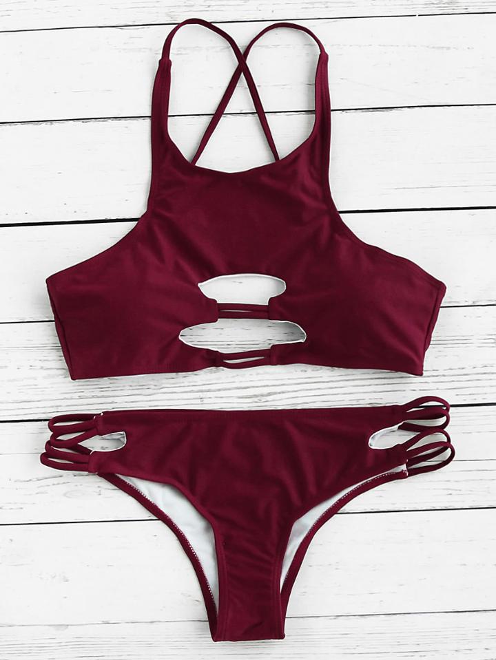 Romwe Cutout Front Cross Back Bikini Set