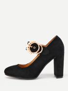 Romwe Metal Buckle Detail Block Heels With Faux Pearl