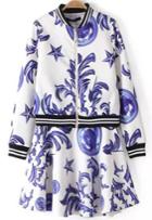 Romwe White Long Sleeve Floral Jacket With Skirt