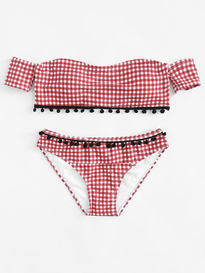 Romwe Pompom Embellished Gingham Bikini Set