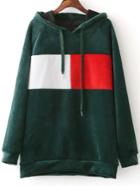 Romwe Green Color Block Raglan Sleeve Hooded Sweatshirt