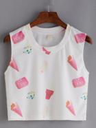 Romwe Biscuit & Ice Cream Print Crop Tank Top - White