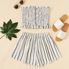 Romwe Frill Trim Striped Tube Top With Shorts