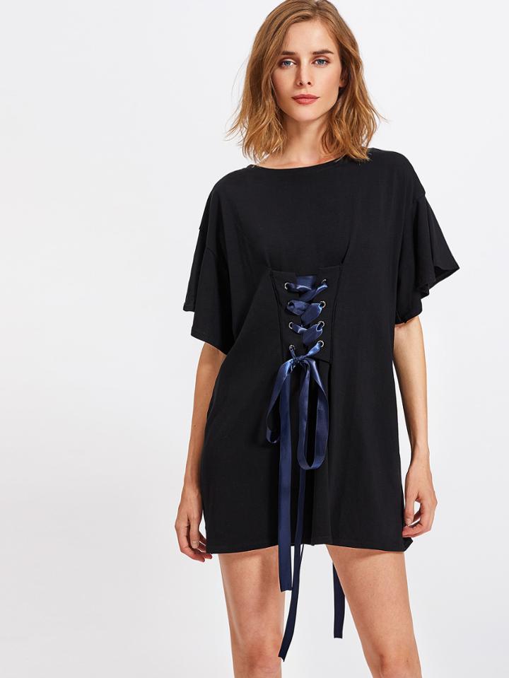 Romwe Eyelet Lace Up Tee Dress