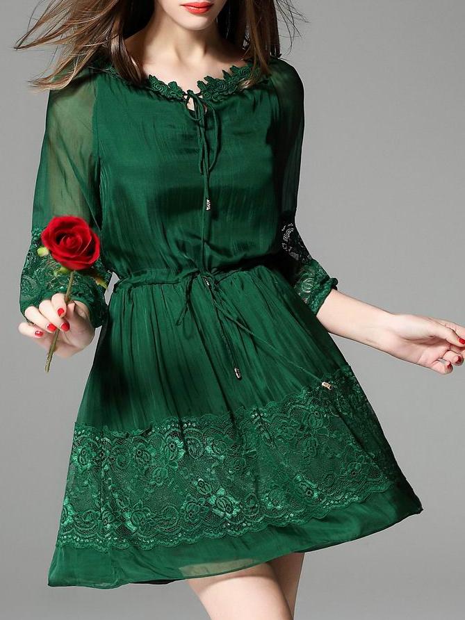 Romwe Green Tie Neck Contrast Gauze Drawstring Lace Dress