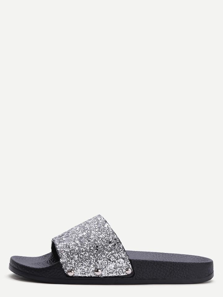 Romwe Silver Glitter Sequin Rubber Sole Slippers
