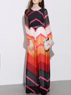 Romwe Multicolor Round Neck Long Sleeve Print Maxi Dress
