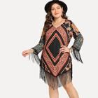 Romwe Plus Tribal Print Fringe Hem Dress