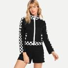 Romwe Contrast Checkered Zip Up Romper