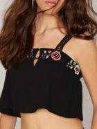 Romwe Embroidery Keyhole Crop Strap Top