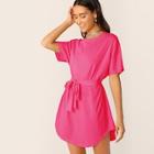 Romwe Neon Pink Self Belted Curved Hem Dress