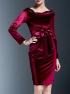 Romwe Burgundy Mercerized Velvet Tie-waist Sheath Dress