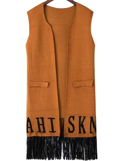 Romwe Letter Print Tassel Pockets Khaki Vest
