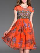 Romwe Orange Applique Pouf A-line Dress