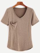 Romwe Khaki V Neck Pocket T-shirt