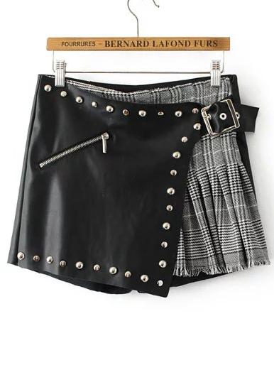 Romwe Black Plaid Detail Studded 2 In 1 Pu Skorts