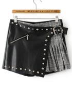 Romwe Black Plaid Detail Studded 2 In 1 Pu Skorts