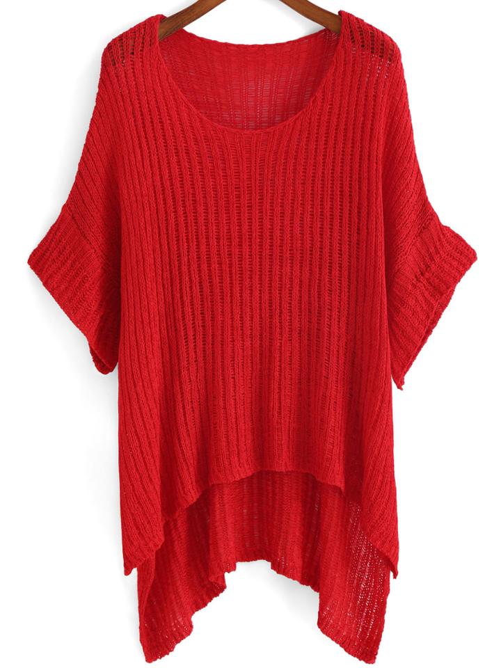 Romwe Round Neck Dip Hem Knit Red Sweater