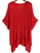 Romwe Round Neck Dip Hem Knit Red Sweater